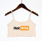 Fashion Women's Sexy Elastic Cotton Camis HOT WIFE Letters Print Female Sexy Crop Top Sleeveless Short Girls Tank Top Bar Women