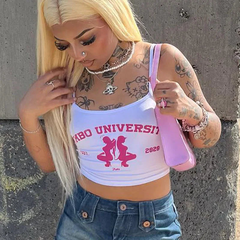Y2k Harajuku Punk Graphics Sleeveless Sexy Crop Top Women's Clothing 2023 Vintage Letter Print Baby Tee Streetwear Women T-shirt
