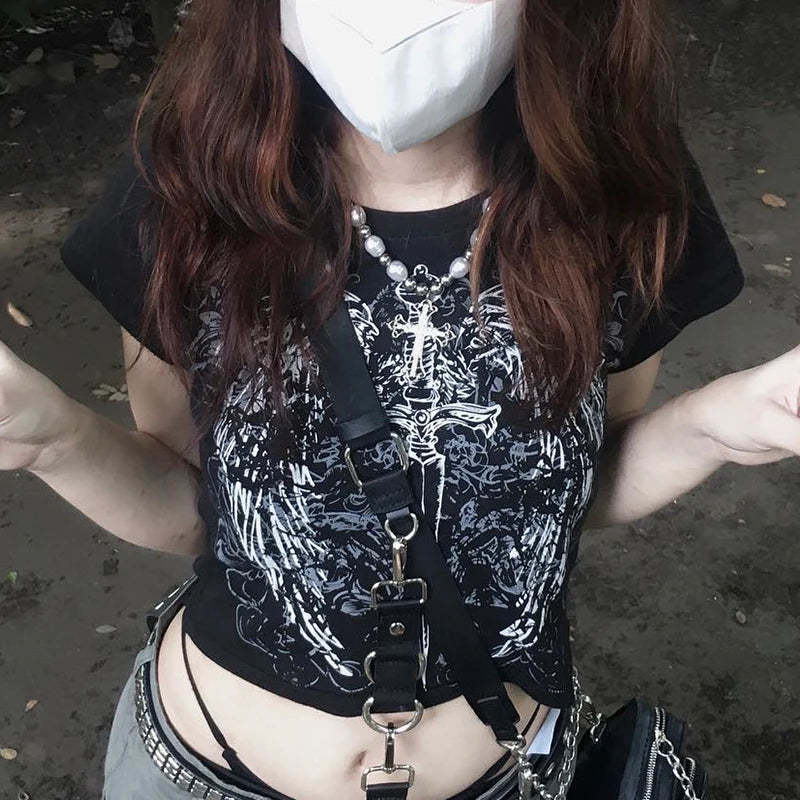 Y2K Clothes Letter Print 2000S Goth Kawaii Harajuku Fairy Grunge Short Top Women T-shirt Summer Fashion Baby Tee E-girl Crop Top