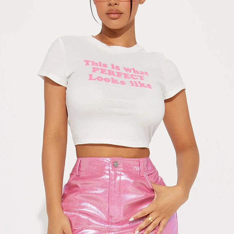 Personality Women's Clothing Fashion Summer Y2K Streetwear Casual Vintage Sexy Letter T-shirt Short Sleeved Crop Top Baby Tees