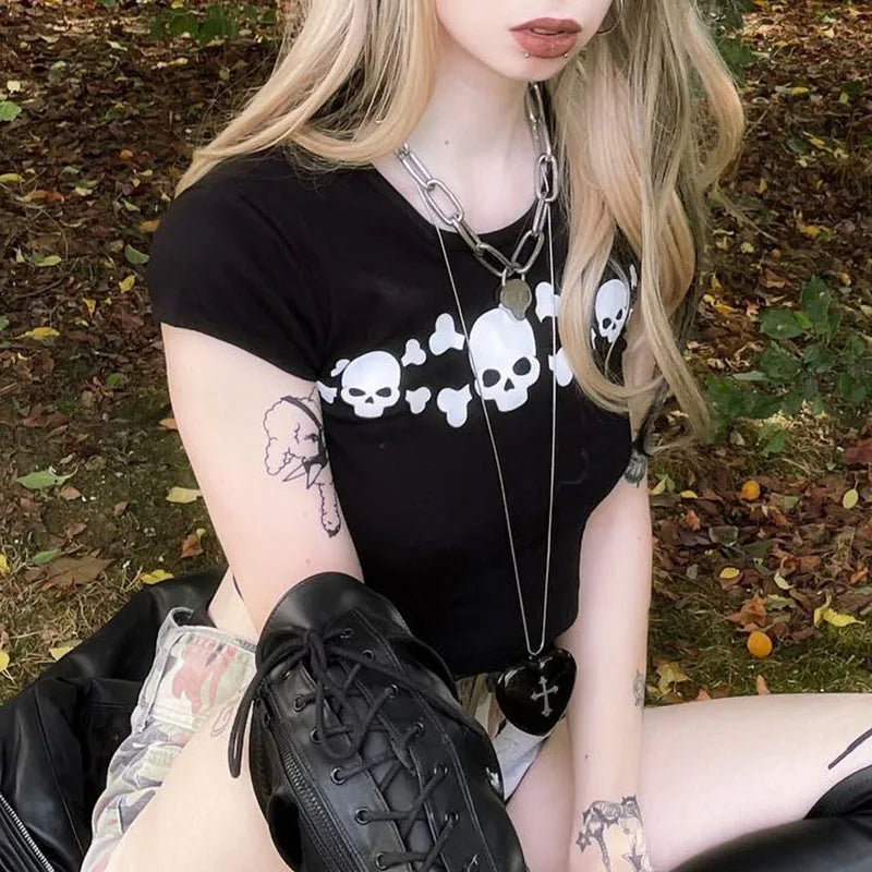 Y2K Clothes Letter Print 2000S Goth Kawaii Harajuku Fairy Grunge Short Top Women T-shirt Summer Fashion Baby Tee E-girl Crop Top