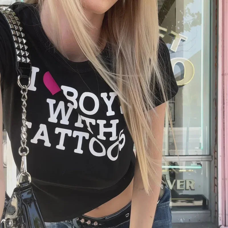 2000s Aesthetic Letter Print Graphics Goth Casual Short Sleeve T Shirt Grunge Harajuku Streetwear Slim Y2k Crop Top E-girl EMO