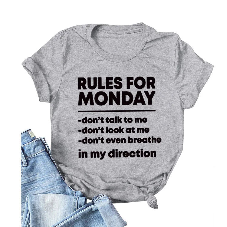 RULES FOR MONDAY Letter Print Women T Shirt Short Sleeve O Neck Loose Women Tshirt Ladies Tee Shirt Tops Camisetas Mujer