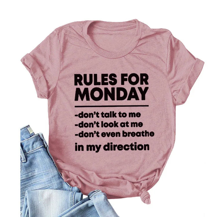 RULES FOR MONDAY Letter Print Women T Shirt Short Sleeve O Neck Loose Women Tshirt Ladies Tee Shirt Tops Camisetas Mujer