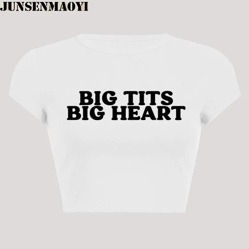 Big Tits Big Heart Print Pattern New Summer Short Sleeve O Neck Cropped Navel Women Crop Tops Fashion T-Shirt
