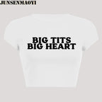 Big Tits Big Heart Print Pattern New Summer Short Sleeve O Neck Cropped Navel Women Crop Tops Fashion T-Shirt