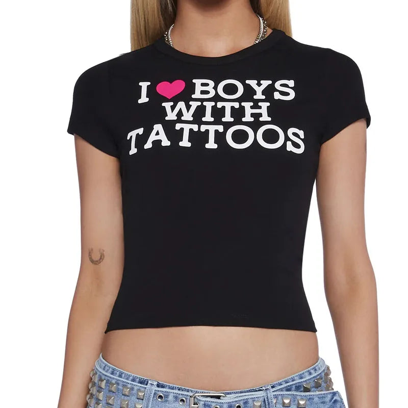 2000s Aesthetic Letter Print Graphics Goth Casual Short Sleeve T Shirt Grunge Harajuku Streetwear Slim Y2k Crop Top E-girl EMO