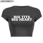 Big Tits Big Heart Print Pattern New Summer Short Sleeve O Neck Cropped Navel Women Crop Tops Fashion T-Shirt