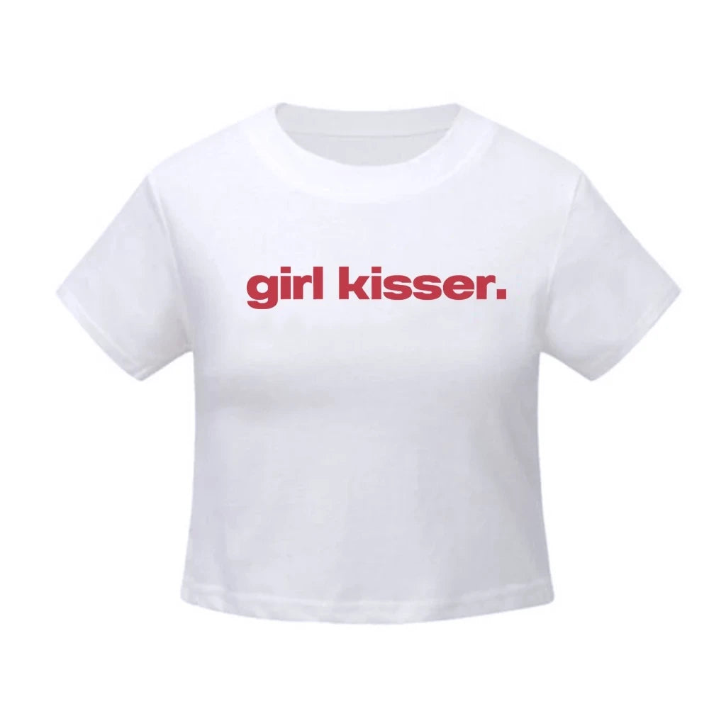 Girl Kisser Text Printed Crop Top 90s Pride LGBTQ WLW Pansexual Bisexual Baby Tee Y2k Shirt Trendy Crop Top Coquette Baby Tee