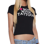 2000s Aesthetic Letter Print Graphics Goth Casual Short Sleeve T Shirt Grunge Harajuku Streetwear Slim Y2k Crop Top E-girl EMO