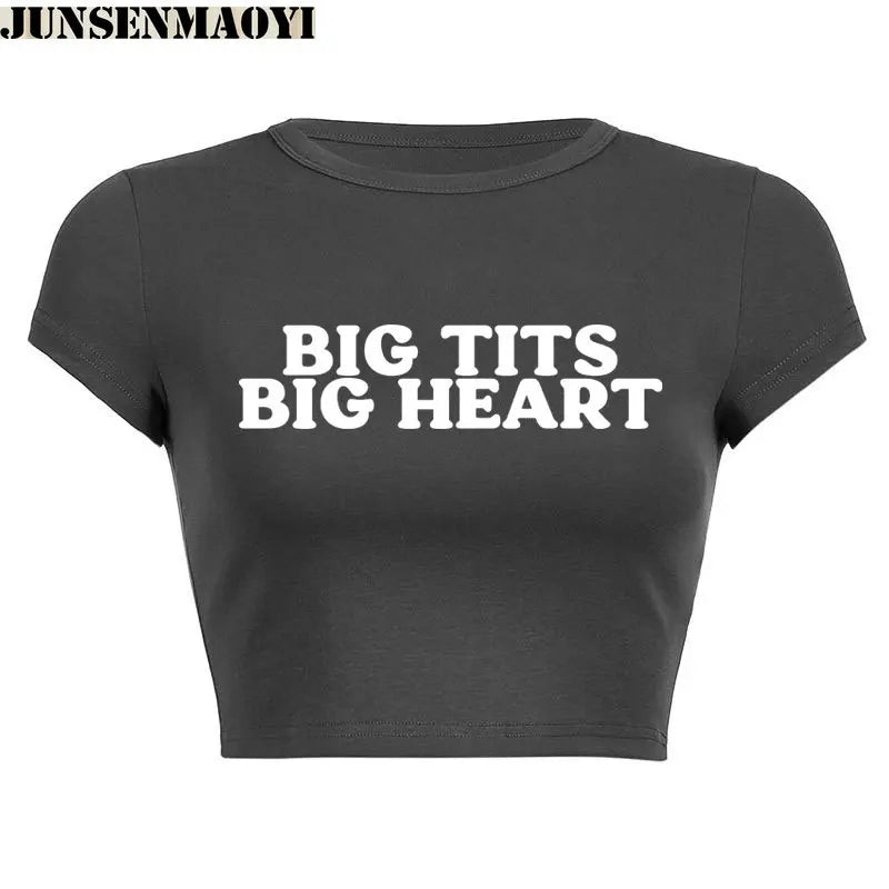 Big Tits Big Heart Print Pattern New Summer Short Sleeve O Neck Cropped Navel Women Crop Tops Fashion T-Shirt