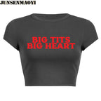 Big Tits Big Heart Print Pattern New Summer Short Sleeve O Neck Cropped Navel Women Crop Tops Fashion T-Shirt