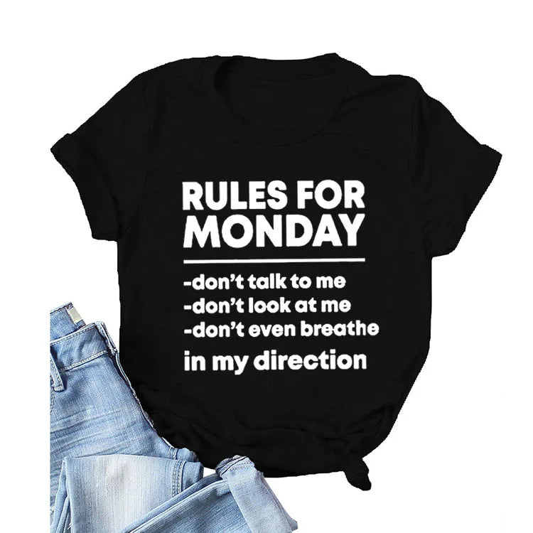 RULES FOR MONDAY Letter Print Women T Shirt Short Sleeve O Neck Loose Women Tshirt Ladies Tee Shirt Tops Camisetas Mujer