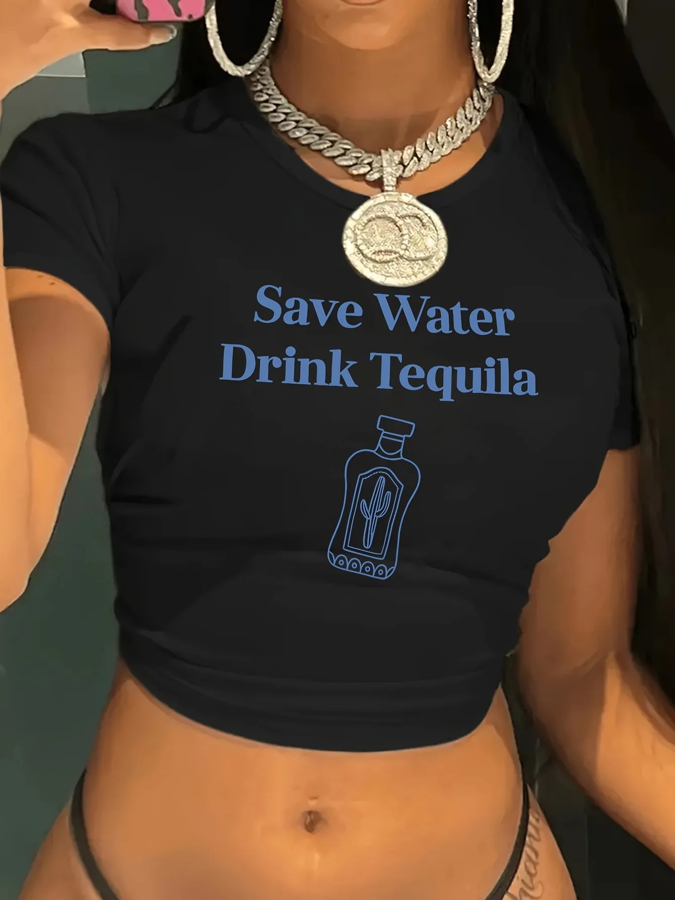 Save Water Drink Tequila Print Graphic Cropped Short Sleeve Crew Neck Casual Crop Top for Spring Summer Women's Clothing T-shirt