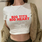 Big Tits Big Heart Print Pattern New Summer Short Sleeve O Neck Cropped Navel Women Crop Tops Fashion T-Shirt