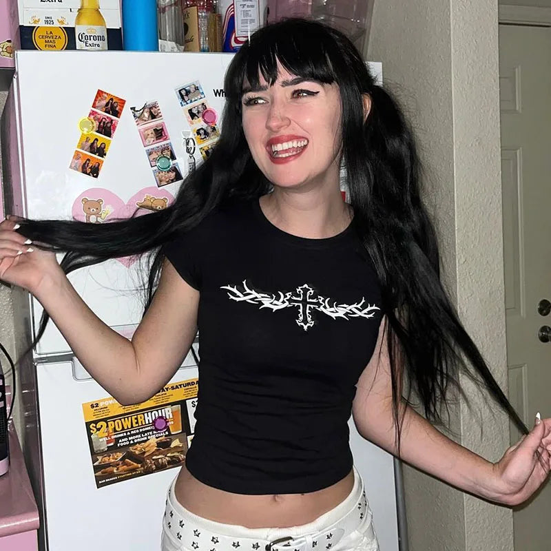 Y2K Clothes Letter Print 2000S Goth Kawaii Harajuku Fairy Grunge Short Top Women T-shirt Summer Fashion Baby Tee E-girl Crop Top