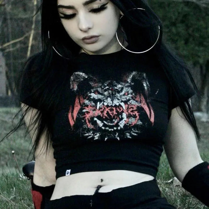 Y2K Clothes Letter Print 2000S Goth Kawaii Harajuku Fairy Grunge Short Top Women T-shirt Summer Fashion Baby Tee E-girl Crop Top
