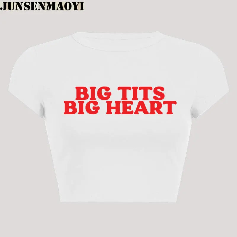 Big Tits Big Heart Print Pattern New Summer Short Sleeve O Neck Cropped Navel Women Crop Tops Fashion T-Shirt