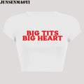 Big Tits Big Heart Print Pattern New Summer Short Sleeve O Neck Cropped Navel Women Crop Tops Fashion T-Shirt