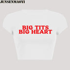 Big Tits Big Heart Print Pattern New Summer Short Sleeve O Neck Cropped Navel Women Crop Tops Fashion T-Shirt