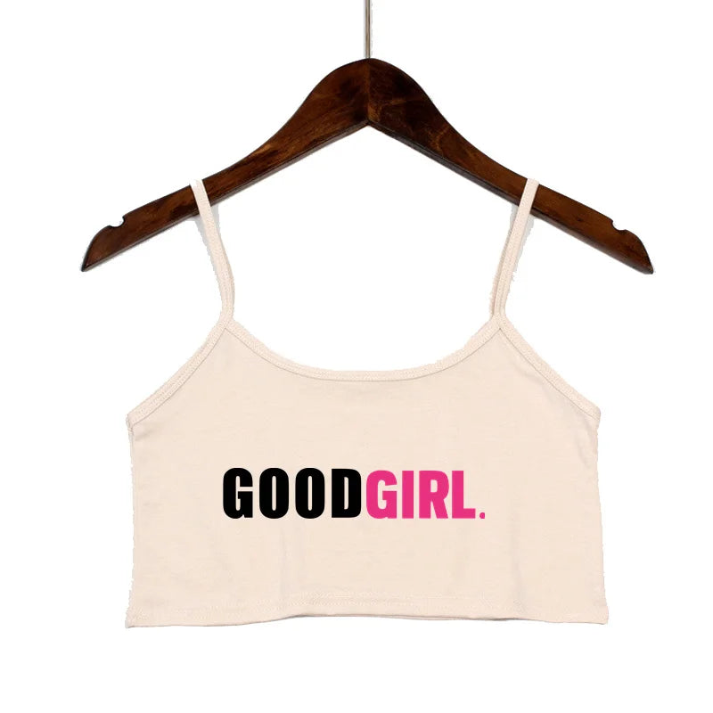 TELL ME I'M A GOOD GIRL Pink Print Summer Women's Crop Top Sexy Elastic Cotton Camis Sleeveless Short Tank Top Bar Tops Women