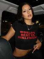 World's Best Ex Girlfriend Letter Print Cute Crew Neck Short Sleeve Crop Top Graphic T Shirts  Y2k Top  Women Clothing