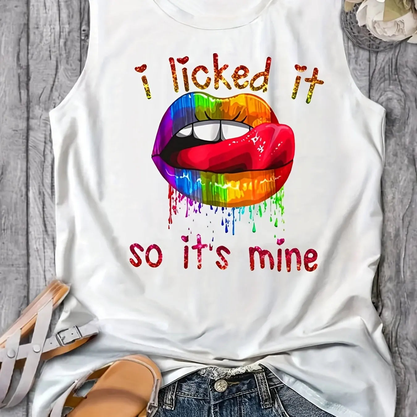 Women's Summer Colorful Lips Letter Print Loose Large Breathable and Comfortable Sleeveless Tank Top T-shirt