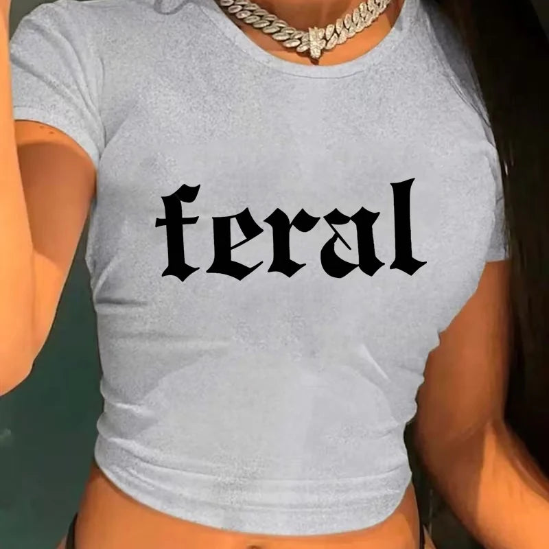 Y2K Funny Letter Printed Crop Tops Women's Crew Neck Short Sleeve Sexy Cropped T Shirt Graphic Y2k T-shirt Girls 2000s Feral