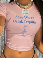 Save Water Drink Tequila Print Graphic Cropped Short Sleeve Crew Neck Casual Crop Top for Spring Summer Women's Clothing T-shirt